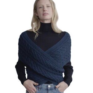 Aran Wool Cable Knit Crossover Wrap with Buttons, Navy Blue, Small